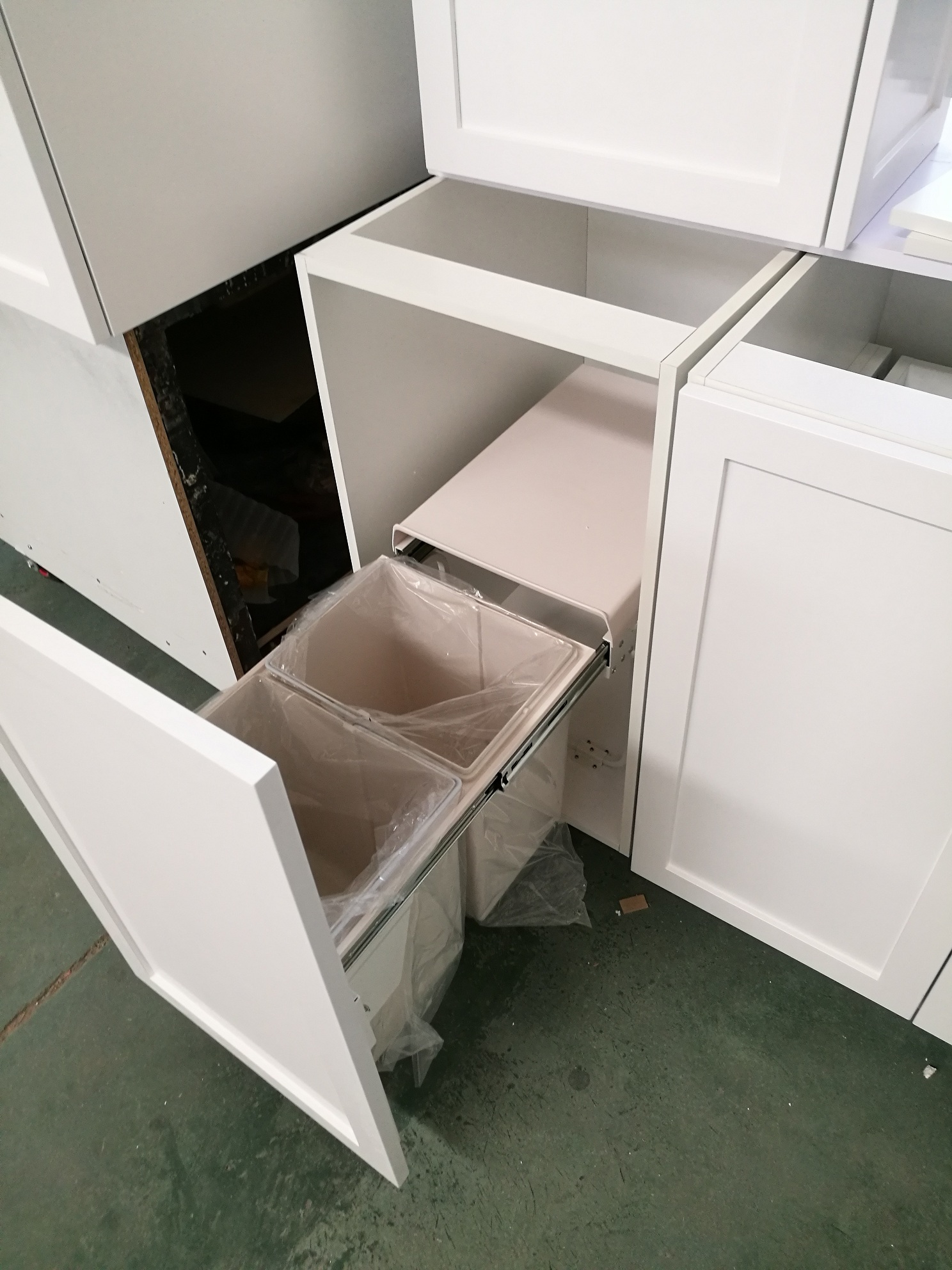 kitchen base cabinets with pull out bin 